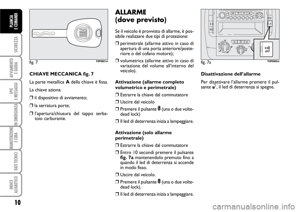 FIAT SCUDO 2010 Libretto Uso Manutenzione (in Italian) 10
SICUREZZA
AVVIAMENTO
E GUIDA
SPIE
E MESSAGGI
IN EMERGENZA
MANUTENZIONE
E CURA
DATI TECNICI
INDICE
ALFABETICO
PLANCIA
E COMANDI
CHIAVE MECCANICA fig. 7
La parte metallica Adella chiave è fissa.
L FIAT SCUDO 2010 Libretto Uso Manutenzione (in Italian) 10
SICUREZZA
AVVIAMENTO
E GUIDA
SPIE
E MESSAGGI
IN EMERGENZA
MANUTENZIONE
E CURA
DATI TECNICI
INDICE
ALFABETICO
PLANCIA
E COMANDI
CHIAVE MECCANICA fig. 7
La parte metallica Adella chiave è fissa.
L