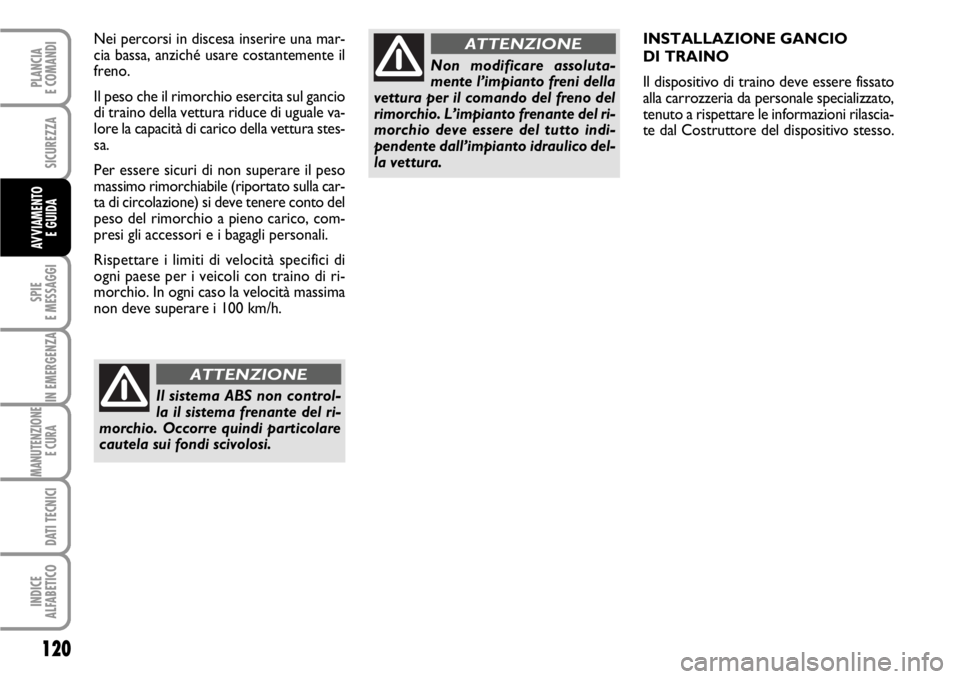 FIAT SCUDO 2010 Libretto Uso Manutenzione (in Italian) 120
SPIE
E MESSAGGI
IN EMERGENZA
MANUTENZIONE
E CURA
DATI TECNICI
INDICE
ALFABETICO
PLANCIA
E COMANDI
SICUREZZA
AVVIAMENTO
E GUIDA
INSTALLAZIONE GANCIO
DI TRAINO
Il dispositivo di traino deve esser FIAT SCUDO 2010 Libretto Uso Manutenzione (in Italian) 120
SPIE
E MESSAGGI
IN EMERGENZA
MANUTENZIONE
E CURA
DATI TECNICI
INDICE
ALFABETICO
PLANCIA
E COMANDI
SICUREZZA
AVVIAMENTO
E GUIDA
INSTALLAZIONE GANCIO
DI TRAINO
Il dispositivo di traino deve esser