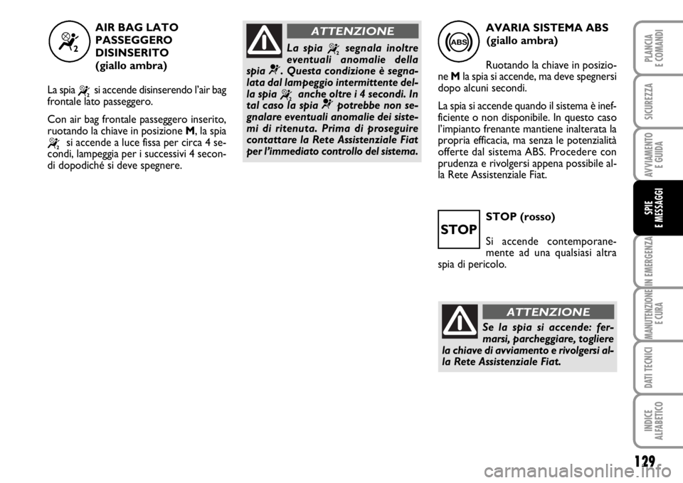 FIAT SCUDO 2010 Libretto Uso Manutenzione (in Italian) STOP (rosso)
Si accende contemporane-
mente ad una qualsiasi altra
spia di pericolo.
129
IN EMERGENZA
MANUTENZIONE
E CURA
DATI TECNICI
INDICE
ALFABETICO
PLANCIA
E COMANDI
SICUREZZA
AVVIAMENTO
E GUIDA FIAT SCUDO 2010 Libretto Uso Manutenzione (in Italian) STOP (rosso)
Si accende contemporane-
mente ad una qualsiasi altra
spia di pericolo.
129
IN EMERGENZA
MANUTENZIONE
E CURA
DATI TECNICI
INDICE
ALFABETICO
PLANCIA
E COMANDI
SICUREZZA
AVVIAMENTO
E GUIDA