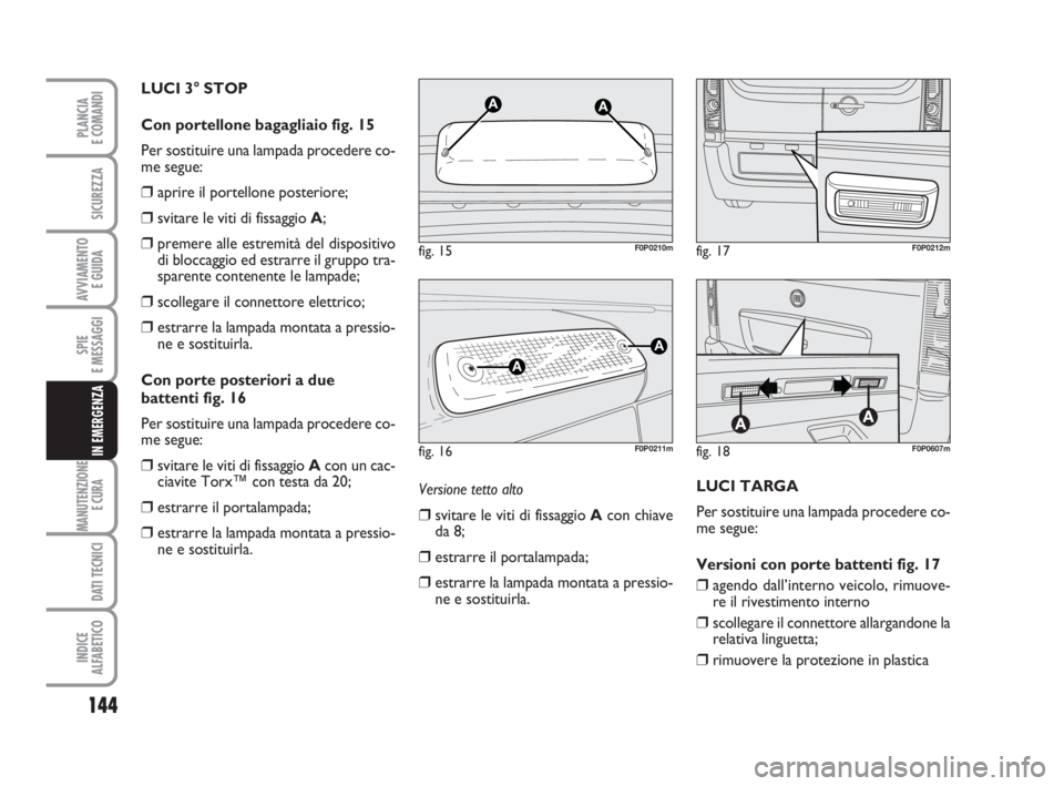 FIAT SCUDO 2010 Libretto Uso Manutenzione (in Italian) 144
SPIE
E MESSAGGI
MANUTENZIONE
E CURA
DATI TECNICI
INDICE
ALFABETICO
PLANCIA
E COMANDI
SICUREZZA
AVVIAMENTO
E GUIDA
IN EMERGENZA
Versione tetto alto
❒svitare le viti di fissaggio Acon chiave
da FIAT SCUDO 2010 Libretto Uso Manutenzione (in Italian) 144
SPIE
E MESSAGGI
MANUTENZIONE
E CURA
DATI TECNICI
INDICE
ALFABETICO
PLANCIA
E COMANDI
SICUREZZA
AVVIAMENTO
E GUIDA
IN EMERGENZA
Versione tetto alto
❒svitare le viti di fissaggio Acon chiave
da