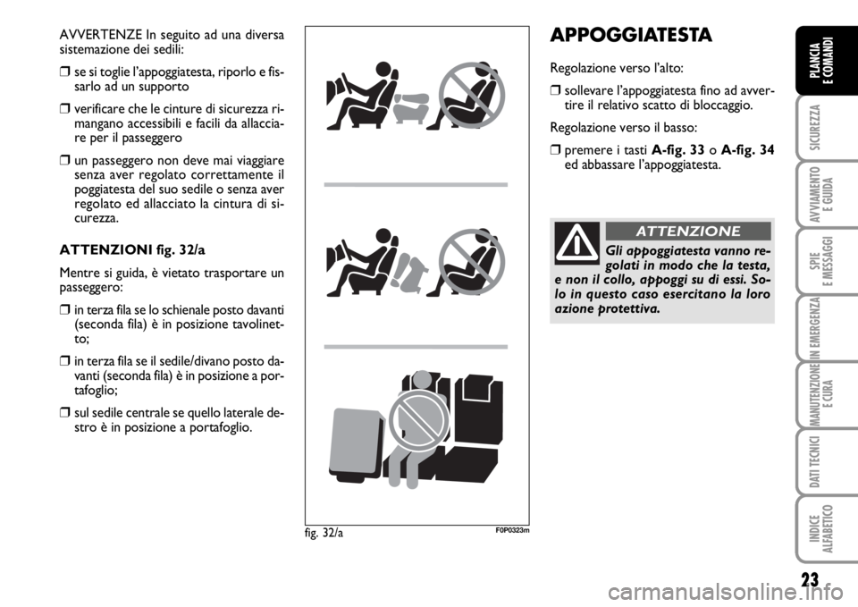 FIAT SCUDO 2010 Libretto Uso Manutenzione (in Italian) 23
SICUREZZA
AVVIAMENTO
E GUIDA
SPIE
E MESSAGGI
IN EMERGENZA
MANUTENZIONE
E CURA
DATI TECNICI
INDICE
ALFABETICO
PLANCIA
E COMANDI
APPOGGIATESTA
Regolazione verso l’alto:
❒sollevare l’appoggiate FIAT SCUDO 2010 Libretto Uso Manutenzione (in Italian) 23
SICUREZZA
AVVIAMENTO
E GUIDA
SPIE
E MESSAGGI
IN EMERGENZA
MANUTENZIONE
E CURA
DATI TECNICI
INDICE
ALFABETICO
PLANCIA
E COMANDI
APPOGGIATESTA
Regolazione verso l’alto:
❒sollevare l’appoggiate
