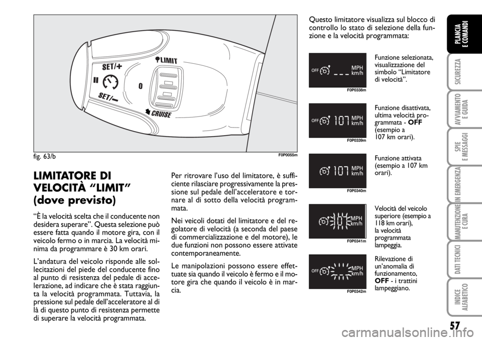 FIAT SCUDO 2010 Libretto Uso Manutenzione (in Italian) 57
SICUREZZA
AVVIAMENTO
E GUIDA
SPIE
E MESSAGGI
IN EMERGENZA
MANUTENZIONE
E CURA
DATI TECNICI
INDICE
ALFABETICO
PLANCIA
E COMANDI
fig. 63/bF0P0055m
F0P0338m
F0P0339m
F0P0340m
F0P0341m
F0P0342m
Funzio FIAT SCUDO 2010 Libretto Uso Manutenzione (in Italian) 57
SICUREZZA
AVVIAMENTO
E GUIDA
SPIE
E MESSAGGI
IN EMERGENZA
MANUTENZIONE
E CURA
DATI TECNICI
INDICE
ALFABETICO
PLANCIA
E COMANDI
fig. 63/bF0P0055m
F0P0338m
F0P0339m
F0P0340m
F0P0341m
F0P0342m
Funzio