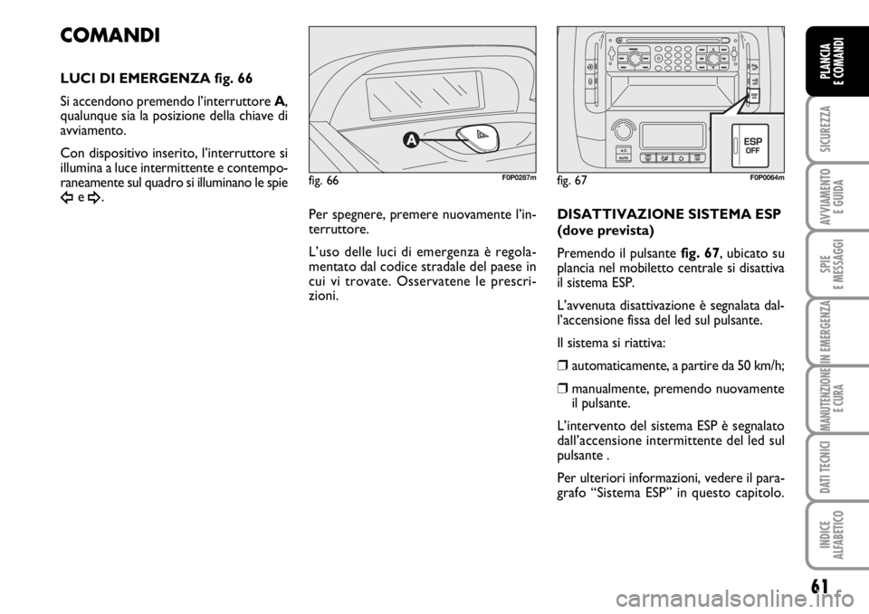 FIAT SCUDO 2010  Libretto Uso Manutenzione (in Italian) 61
SICUREZZA
AVVIAMENTO 
E GUIDA
SPIE
E MESSAGGI
IN EMERGENZA
MANUTENZIONE
E CURA
DATI TECNICI
INDICE
ALFABETICO
PLANCIA
E COMANDI
fig. 66F0P0287m
COMANDI
LUCI DI EMERGENZA fig. 66
Si accendono premen