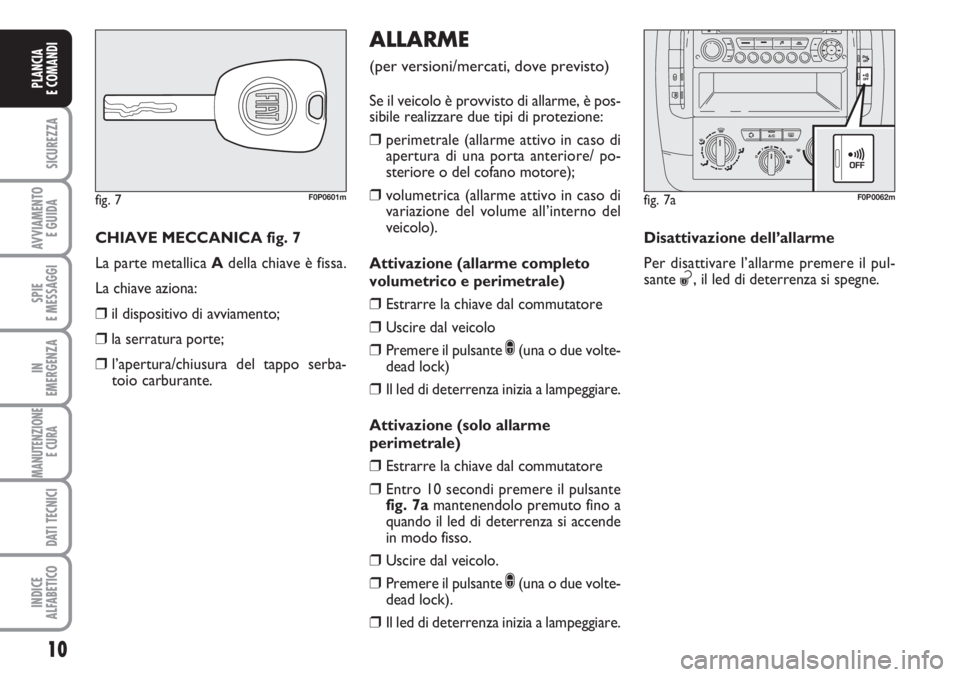 FIAT SCUDO 2011 Libretto Uso Manutenzione (in Italian) 10
SICUREZZA
AVVIAMENTO
E GUIDA
SPIE
E MESSAGGI
IN
EMERGENZA
MANUTENZIONE
E CURA
DATI TECNICI
INDICE
ALFABETICO
PLANCIA
E COMANDI
CHIAVE MECCANICA fig. 7
La parte metallica Adella chiave è fissa.
L FIAT SCUDO 2011 Libretto Uso Manutenzione (in Italian) 10
SICUREZZA
AVVIAMENTO
E GUIDA
SPIE
E MESSAGGI
IN
EMERGENZA
MANUTENZIONE
E CURA
DATI TECNICI
INDICE
ALFABETICO
PLANCIA
E COMANDI
CHIAVE MECCANICA fig. 7
La parte metallica Adella chiave è fissa.
L