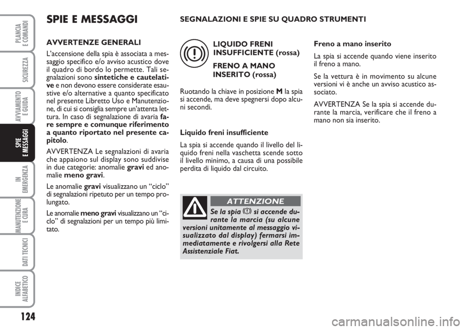 FIAT SCUDO 2011 Libretto Uso Manutenzione (in Italian) 124
IN
EMERGENZA
MANUTENZIONE
E CURA
DATI TECNICI
INDICE
ALFABETICO
PLANCIA
E COMANDI
SICUREZZA
AVVIAMENTO
E GUIDA
SPIE
E MESSAGGI
SPIE E MESSAGGI
AVVERTENZE GENERALI
L’accensione della spia è as FIAT SCUDO 2011 Libretto Uso Manutenzione (in Italian) 124
IN
EMERGENZA
MANUTENZIONE
E CURA
DATI TECNICI
INDICE
ALFABETICO
PLANCIA
E COMANDI
SICUREZZA
AVVIAMENTO
E GUIDA
SPIE
E MESSAGGI
SPIE E MESSAGGI
AVVERTENZE GENERALI
L’accensione della spia è as