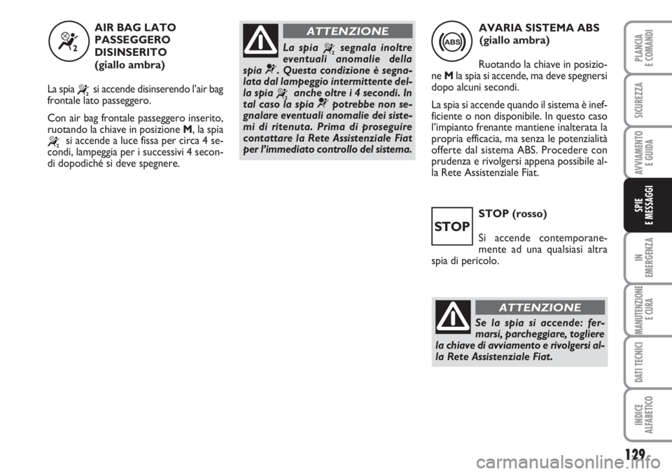 FIAT SCUDO 2011 Libretto Uso Manutenzione (in Italian) STOP (rosso)
Si accende contemporane-
mente ad una qualsiasi altra
spia di pericolo.
129
IN
EMERGENZA
MANUTENZIONE
E CURA
DATI TECNICI
INDICE
ALFABETICO
PLANCIA
E COMANDI
SICUREZZA
AVVIAMENTO
E GUIDA FIAT SCUDO 2011 Libretto Uso Manutenzione (in Italian) STOP (rosso)
Si accende contemporane-
mente ad una qualsiasi altra
spia di pericolo.
129
IN
EMERGENZA
MANUTENZIONE
E CURA
DATI TECNICI
INDICE
ALFABETICO
PLANCIA
E COMANDI
SICUREZZA
AVVIAMENTO
E GUIDA