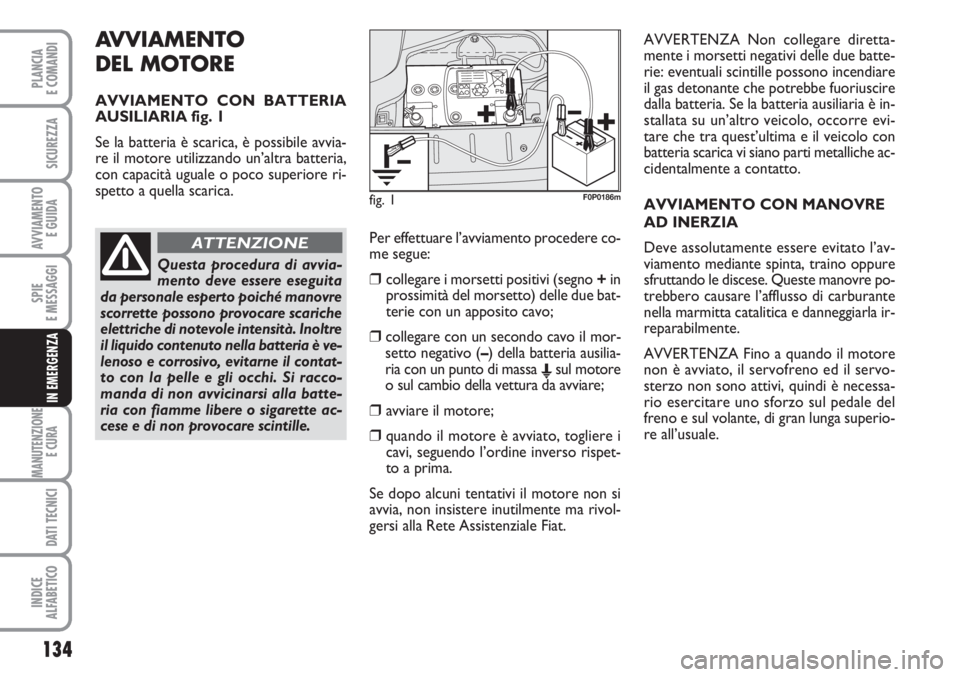 FIAT SCUDO 2011  Libretto Uso Manutenzione (in Italian) AVVIAMENTO 
DEL MOTORE
AVVIAMENTO CON BATTERIA
AUSILIARIA fig. 1
Se la batteria è scarica, è possibile avvia-
re il motore utilizzando un’altra batteria,
con capacità uguale o poco superiore ri-
