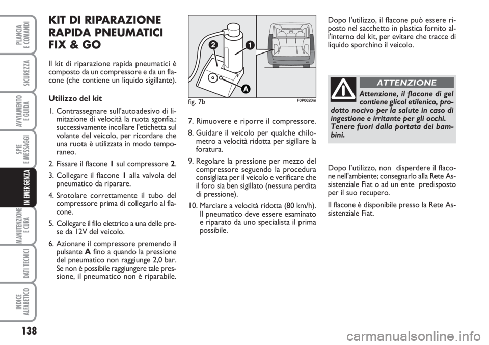 FIAT SCUDO 2011  Libretto Uso Manutenzione (in Italian) 138
SPIE
E MESSAGGI
MANUTENZIONE
E CURA 
DATI TECNICI
INDICE
ALFABETICO
PLANCIA
E COMANDI
SICUREZZA
AVVIAMENTO 
E GUIDA
IN EMERGENZA
KIT DI RIPARAZIONE
RAPIDA PNEUMATICI
FIX & GO
Il kit di riparazione