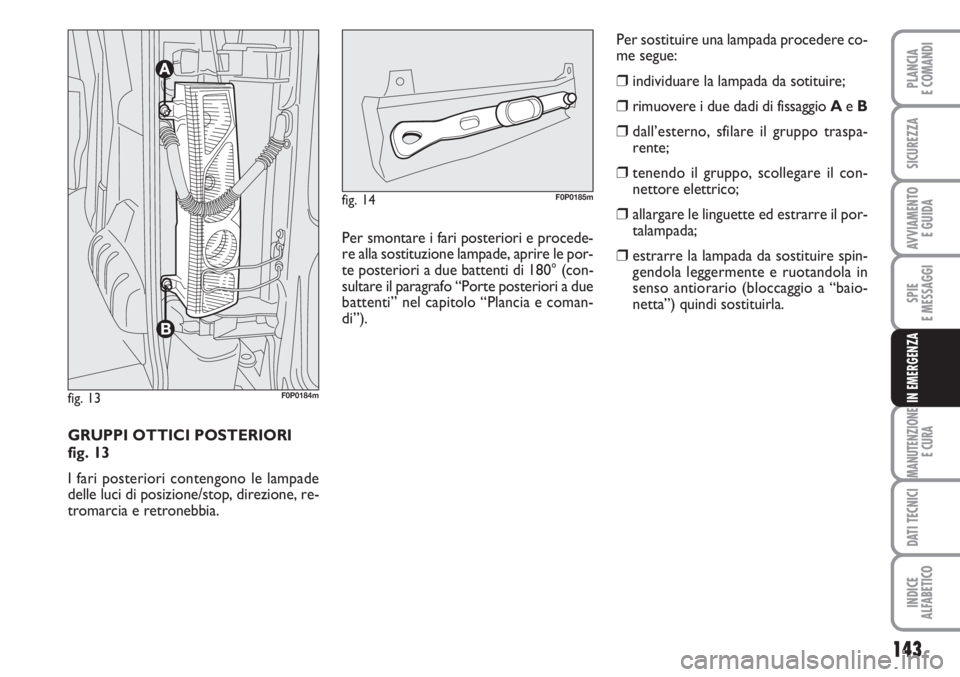FIAT SCUDO 2011  Libretto Uso Manutenzione (in Italian) 143
SPIE
E MESSAGGI
MANUTENZIONE
E CURA
DATI TECNICI
INDICE
ALFABETICO
PLANCIA
E COMANDI
SICUREZZA
AVVIAMENTO 
E GUIDA
IN EMERGENZA
GRUPPI OTTICI POSTERIORI 
fig. 13
I fari posteriori contengono le la