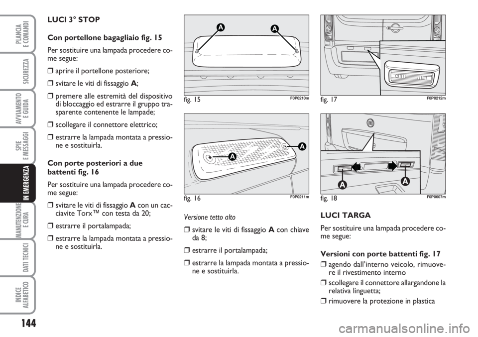 FIAT SCUDO 2011  Libretto Uso Manutenzione (in Italian) 144
SPIE
E MESSAGGI
MANUTENZIONE
E CURA 
DATI TECNICI
INDICE
ALFABETICO
PLANCIA
E COMANDI
SICUREZZA
AVVIAMENTO 
E GUIDA
IN EMERGENZA
Versione tetto alto
❒svitare le viti di fissaggio Acon chiave
da 