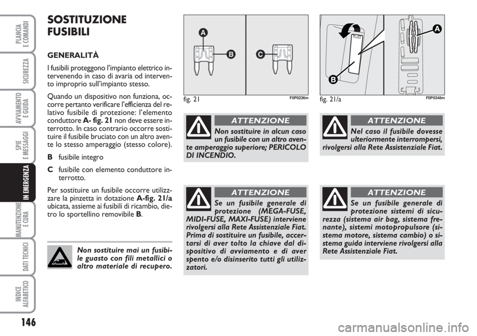 FIAT SCUDO 2011  Libretto Uso Manutenzione (in Italian) 146
SPIE
E MESSAGGI
MANUTENZIONE
E CURA 
DATI TECNICI
INDICE
ALFABETICO
PLANCIA
E COMANDI
SICUREZZA
AVVIAMENTO 
E GUIDA
IN EMERGENZA
SOSTITUZIONE
FUSIBILI
GENERALITÀ
I fusibili proteggono l’impiant
