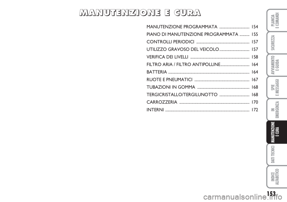 FIAT SCUDO 2011  Libretto Uso Manutenzione (in Italian) 153
SPIE
E MESSAGGI
DATI TECNICI
INDICE
ALFABETICO
PLANCIA
E COMANDI
SICUREZZA
AVVIAMENTO 
E GUIDA
IN
EMERGENZA
MANUTENZIONE
E CURA
MANUTENZIONE PROGRAMMATA .............................. 154
PIANO DI