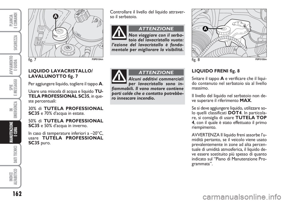 FIAT SCUDO 2011 Libretto Uso Manutenzione (in Italian) 162
SPIE
E MESSAGGI
DATI TECNICI
INDICE
ALFABETICO
PLANCIA
E COMANDI
SICUREZZA
AVVIAMENTO
E GUIDA
IN
EMERGENZA
MANUTENZIONE
E CURA
LIQUIDO FRENI fig. 8
Svitare il tappo Ae verificare che il liqui-
d FIAT SCUDO 2011 Libretto Uso Manutenzione (in Italian) 162
SPIE
E MESSAGGI
DATI TECNICI
INDICE
ALFABETICO
PLANCIA
E COMANDI
SICUREZZA
AVVIAMENTO
E GUIDA
IN
EMERGENZA
MANUTENZIONE
E CURA
LIQUIDO FRENI fig. 8
Svitare il tappo Ae verificare che il liqui-
d