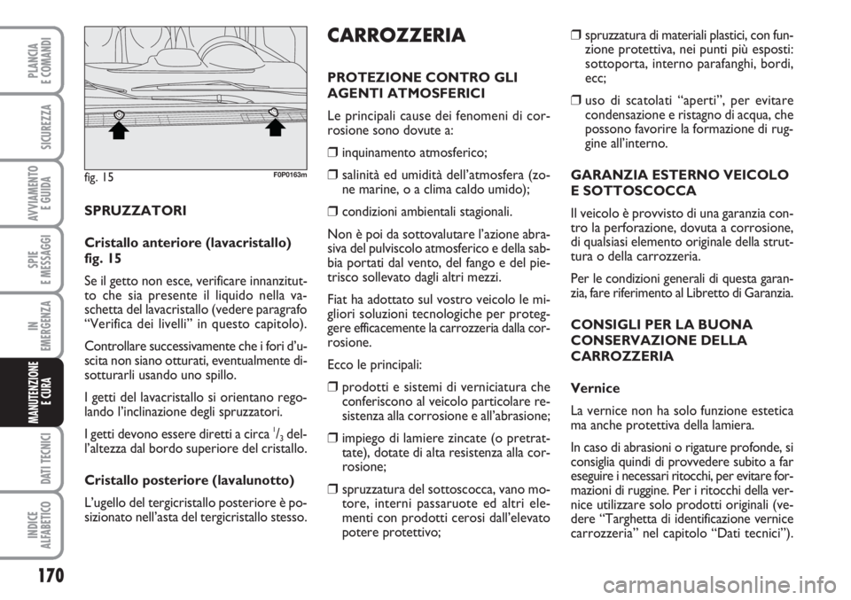 FIAT SCUDO 2011 Libretto Uso Manutenzione (in Italian) 170
SPIE
E MESSAGGI
DATI TECNICI
INDICE
ALFABETICO
PLANCIA
E COMANDI
SICUREZZA
AVVIAMENTO
E GUIDA
IN
EMERGENZA
MANUTENZIONE
E CURA
❒spruzzatura di materiali plastici, con fun-
zione protettiva, ne FIAT SCUDO 2011 Libretto Uso Manutenzione (in Italian) 170
SPIE
E MESSAGGI
DATI TECNICI
INDICE
ALFABETICO
PLANCIA
E COMANDI
SICUREZZA
AVVIAMENTO
E GUIDA
IN
EMERGENZA
MANUTENZIONE
E CURA
❒spruzzatura di materiali plastici, con fun-
zione protettiva, ne