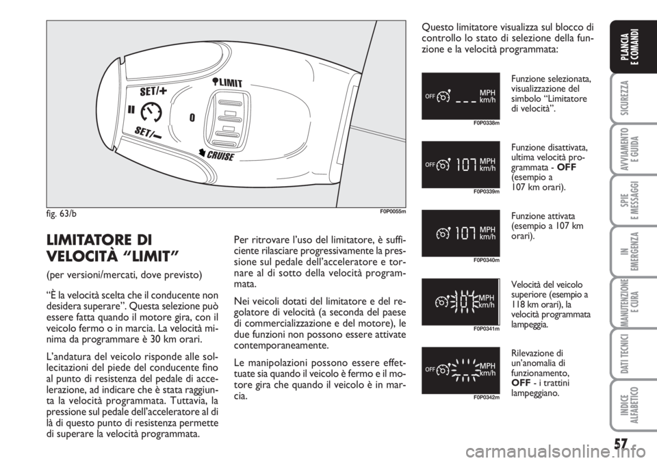 FIAT SCUDO 2011  Libretto Uso Manutenzione (in Italian) 57
SICUREZZA
AVVIAMENTO 
E GUIDA
SPIE
E MESSAGGI
IN
EMERGENZA
MANUTENZIONE
E CURA
DATI TECNICI
INDICE
ALFABETICO
PLANCIA
E COMANDI
fig. 63/bF0P0055m
F0P0338m
F0P0339m
F0P0340m
F0P0341m
F0P0342m
Funzio