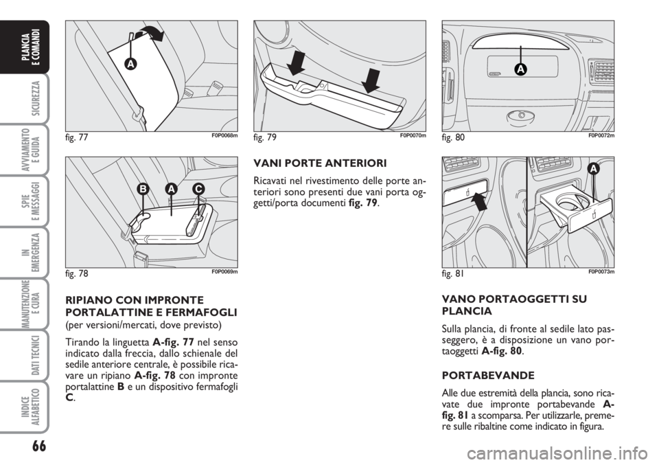 FIAT SCUDO 2011  Libretto Uso Manutenzione (in Italian) 66
SICUREZZA
AVVIAMENTO 
E GUIDA
SPIE
E MESSAGGI
IN
EMERGENZA
MANUTENZIONE
E CURA 
DATI TECNICI
INDICE
ALFABETICO
PLANCIA
E COMANDI
VANI PORTE ANTERIORI
Ricavati nel rivestimento delle porte an-
terio