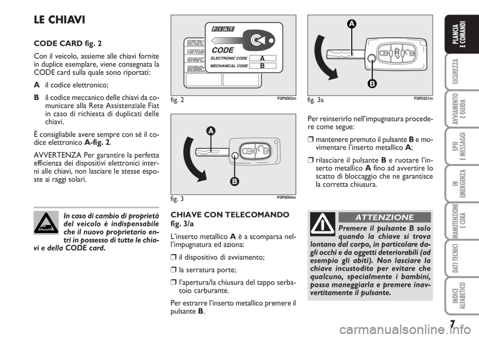 FIAT SCUDO 2011  Libretto Uso Manutenzione (in Italian) 7
SICUREZZA
AVVIAMENTO 
E GUIDA
SPIE
E MESSAGGI
IN
EMERGENZA
MANUTENZIONE
E CURA
DATI TECNICI
INDICE
ALFABETICO
PLANCIA
E COMANDI
Per reinserirlo nell’impugnatura procede-
re come segue:
❒mantener