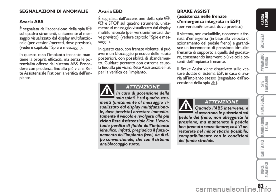 FIAT SCUDO 2011  Libretto Uso Manutenzione (in Italian) 83
SICUREZZA
AVVIAMENTO 
E GUIDA
SPIE
E MESSAGGI
IN EMERGENZA
MANUTENZIONE
E CURA
DATI TECNICI
INDICE
ALFABETICO
PLANCIA
E COMANDI
SEGNALAZIONI DI ANOMALIE
Avaria ABS
È segnalata dall’accensione de