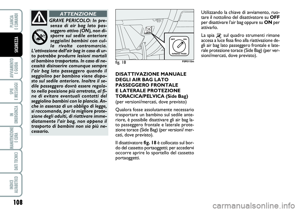 FIAT SCUDO 2012  Libretto Uso Manutenzione (in Italian) 108
AVVIAMENTO 
E GUIDA
SPIE
E MESSAGGI
IN
EMERGENZA
MANUTENZIONE
E CURA 
DATI TECNICI
INDICE
ALFABETICO
PLANCIA
E COMANDI
SICUREZZA
DISATTIVAZIONE MANUALE
DEGLI AIR BAG LATO
PASSEGGERO FRONTALE 
E LA