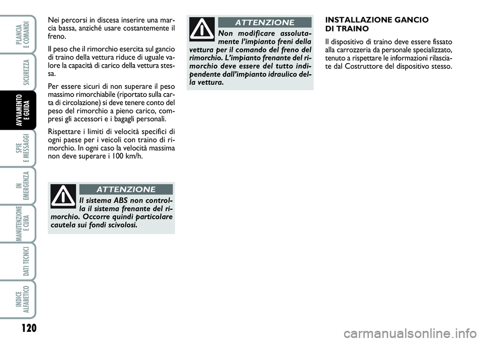 FIAT SCUDO 2012  Libretto Uso Manutenzione (in Italian) 120
SPIE
E MESSAGGI
IN
EMERGENZA
MANUTENZIONE
E CURA 
DATI TECNICI
INDICE
ALFABETICO
PLANCIA
E COMANDI
SICUREZZA
AVVIAMENTO 
E GUIDA
INSTALLAZIONE GANCIO 
DI TRAINO
Il dispositivo di traino deve esser