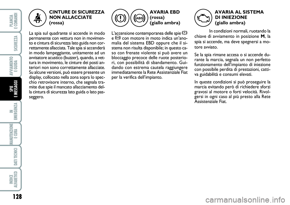 FIAT SCUDO 2012  Libretto Uso Manutenzione (in Italian) 128
IN
EMERGENZA
MANUTENZIONE
E CURA 
DATI TECNICI
INDICE
ALFABETICO
PLANCIA
E COMANDI
SICUREZZA
AVVIAMENTO 
E GUIDA
SPIE
E MESSAGGI
AVARIA EBD
(rossa) 
(giallo ambra)
L’accensione contemporanea del