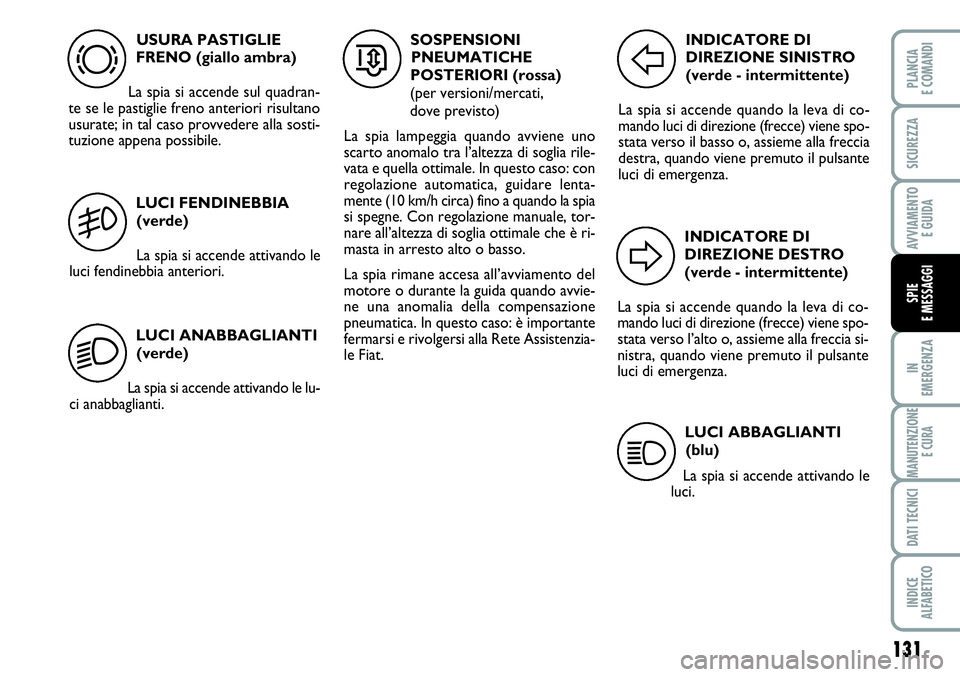 FIAT SCUDO 2012  Libretto Uso Manutenzione (in Italian) 131
IN
EMERGENZA
MANUTENZIONE
E CURA
DATI TECNICI
INDICE
ALFABETICO
PLANCIA
E COMANDI
SICUREZZA
AVVIAMENTO 
E GUIDA
SPIE
E MESSAGGI
USURA PASTIGLIE
FRENO (giallo ambra)
La spia si accende sul quadran-