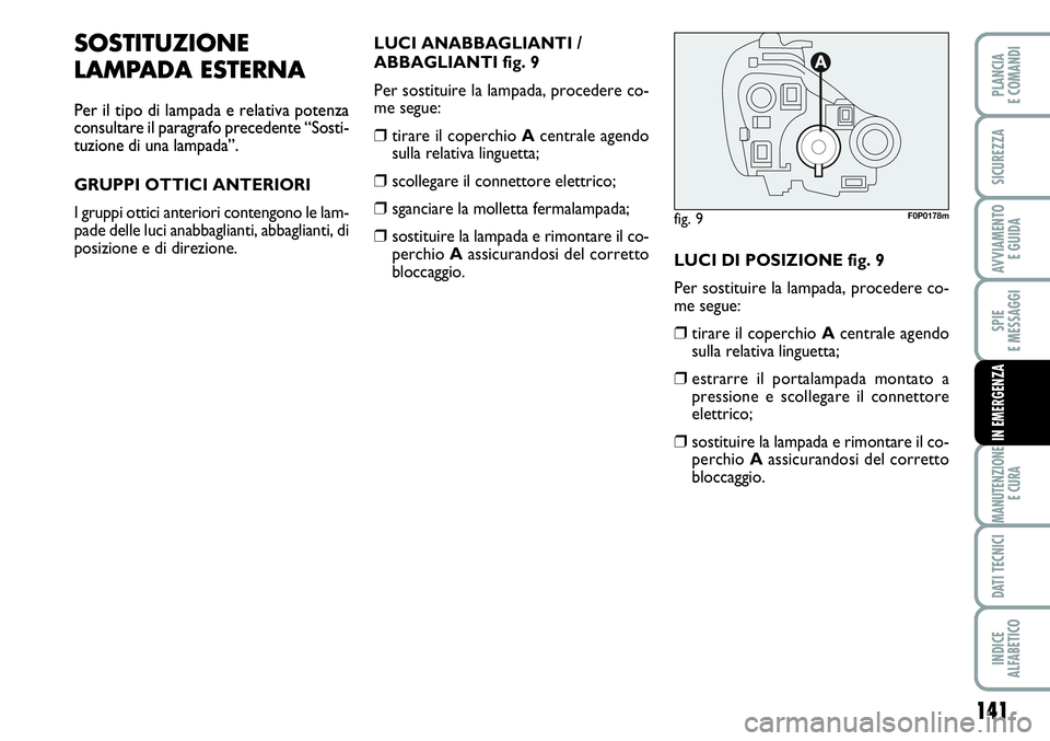 FIAT SCUDO 2012  Libretto Uso Manutenzione (in Italian) 141
SPIE
E MESSAGGI
MANUTENZIONE
E CURA
DATI TECNICI
INDICE
ALFABETICO
PLANCIA
E COMANDI
SICUREZZA
AVVIAMENTO 
E GUIDA
IN EMERGENZA
SOSTITUZIONE
LAMPADA ESTERNA
Per il tipo di lampada e relativa poten