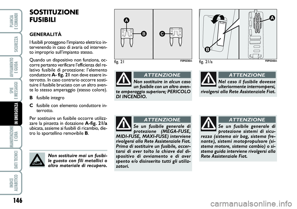 FIAT SCUDO 2012  Libretto Uso Manutenzione (in Italian) 146
SPIE
E MESSAGGI
MANUTENZIONE
E CURA 
DATI TECNICI
INDICE
ALFABETICO
PLANCIA
E COMANDI
SICUREZZA
AVVIAMENTO 
E GUIDA
IN EMERGENZA
SOSTITUZIONE
FUSIBILI
GENERALITÀ
I fusibili proteggono l’impiant