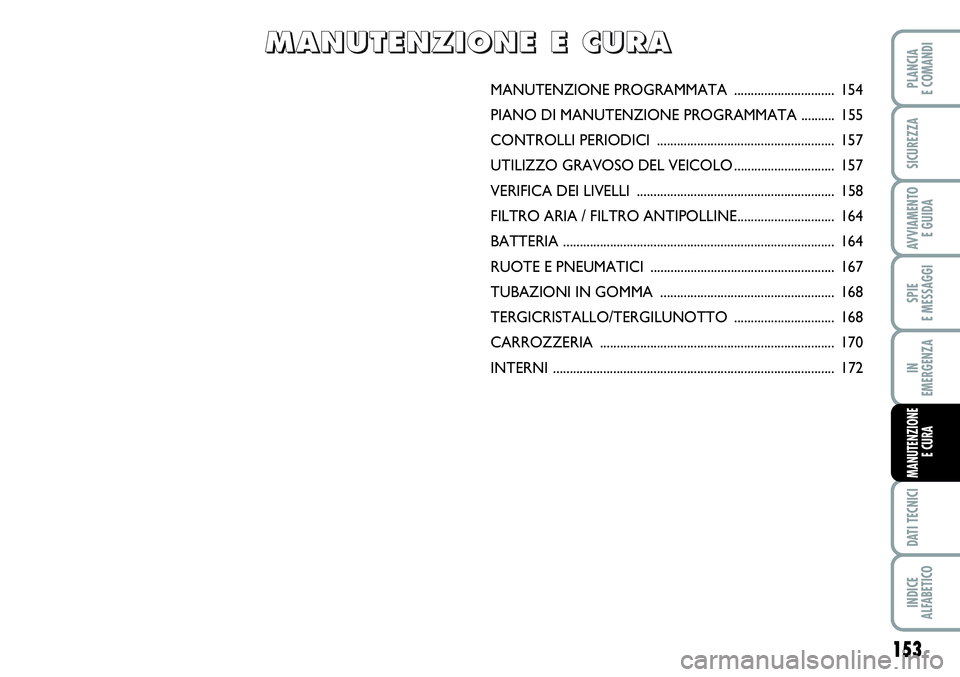 FIAT SCUDO 2012  Libretto Uso Manutenzione (in Italian) 153
SPIE
E MESSAGGI
DATI TECNICI
INDICE
ALFABETICO
PLANCIA
E COMANDI
SICUREZZA
AVVIAMENTO 
E GUIDA
IN
EMERGENZA
MANUTENZIONE
E CURA
MANUTENZIONE PROGRAMMATA .............................. 154
PIANO DI