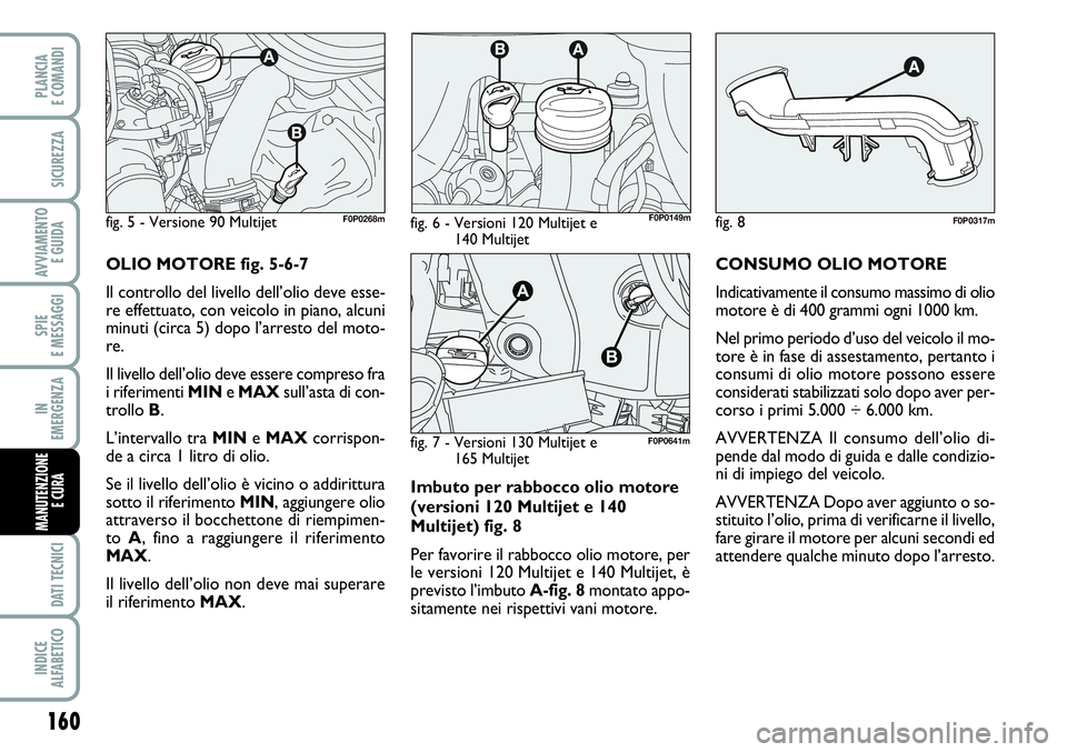 FIAT SCUDO 2012  Libretto Uso Manutenzione (in Italian) Imbuto per rabbocco olio motore
(versioni 120 Multijet e 140
Multijet) fig. 8
Per favorire il rabbocco olio motore, per
le versioni 120 Multijet e 140 Multijet, è
previsto l’imbuto A-fig. 8montato 