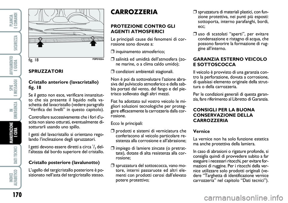 FIAT SCUDO 2012 Libretto Uso Manutenzione (in Italian) 170
SPIE
E MESSAGGI
DATI TECNICI
INDICE
ALFABETICO
PLANCIA
E COMANDI
SICUREZZA
AVVIAMENTO
E GUIDA
IN
EMERGENZA
MANUTENZIONE
E CURA
❒spruzzatura di materiali plastici, con fun-
zione protettiva, ne FIAT SCUDO 2012 Libretto Uso Manutenzione (in Italian) 170
SPIE
E MESSAGGI
DATI TECNICI
INDICE
ALFABETICO
PLANCIA
E COMANDI
SICUREZZA
AVVIAMENTO
E GUIDA
IN
EMERGENZA
MANUTENZIONE
E CURA
❒spruzzatura di materiali plastici, con fun-
zione protettiva, ne
