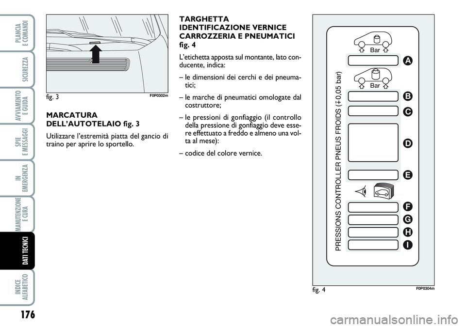 FIAT SCUDO 2012 Libretto Uso Manutenzione (in Italian) TARGHETTA
IDENTIFICAZIONE VERNICE
CARROZZERIA E PNEUMATICI
fig. 4
L’etichetta apposta sul montante, lato con-
ducente, indica:
– le dimensioni dei cerchi e dei pneuma-
tici;
– le marche di pneum FIAT SCUDO 2012 Libretto Uso Manutenzione (in Italian) TARGHETTA
IDENTIFICAZIONE VERNICE
CARROZZERIA E PNEUMATICI
fig. 4
L’etichetta apposta sul montante, lato con-
ducente, indica:
– le dimensioni dei cerchi e dei pneuma-
tici;
– le marche di pneum