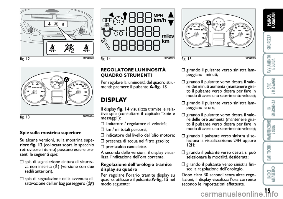 FIAT SCUDO 2012  Libretto Uso Manutenzione (in Italian) 15
SICUREZZA
AVVIAMENTO 
E GUIDA
SPIE
E MESSAGGI
IN
EMERGENZA
MANUTENZIONE
E CURA
DATI TECNICI
INDICE
ALFABETICO
PLANCIA
E COMANDI
Spie sulla mostrina superiore
Su alcune versioni, sulla mostrina supe