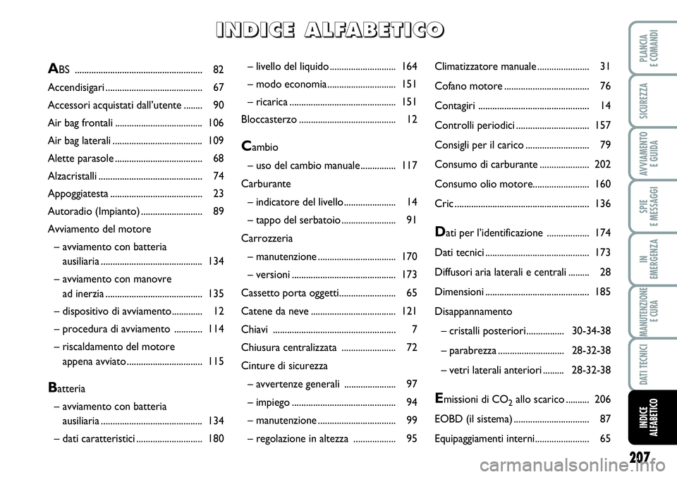 FIAT SCUDO 2012  Libretto Uso Manutenzione (in Italian) 207
SPIE
E MESSAGGI
PLANCIA
E COMANDI
SICUREZZA
AVVIAMENTO 
E GUIDA
IN
EMERGENZA
MANUTENZIONE
E CURA
DATI TECNICI
INDICE
ALFABETICO
– livello del liquido............................ 164
– modo eco