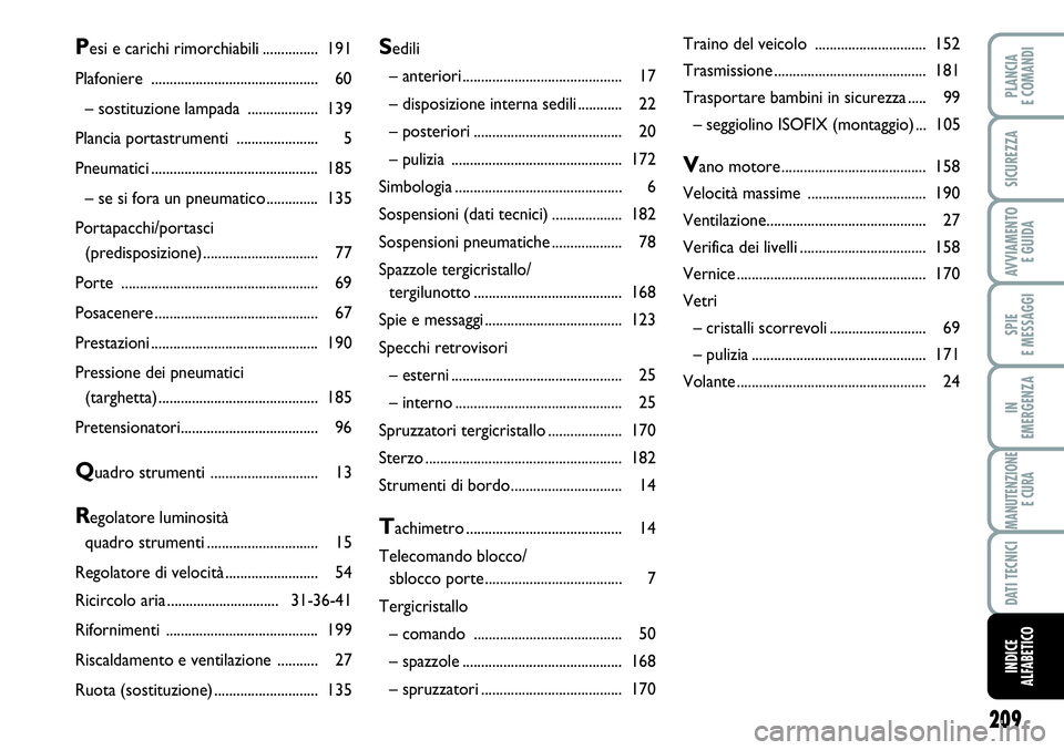 FIAT SCUDO 2012  Libretto Uso Manutenzione (in Italian) 209
SPIE
E MESSAGGI
PLANCIA
E COMANDI
SICUREZZA
AVVIAMENTO 
E GUIDA
IN
EMERGENZA
MANUTENZIONE
E CURA
DATI TECNICI
INDICE
ALFABETICO
Sedili 
– anteriori ........................................... 17