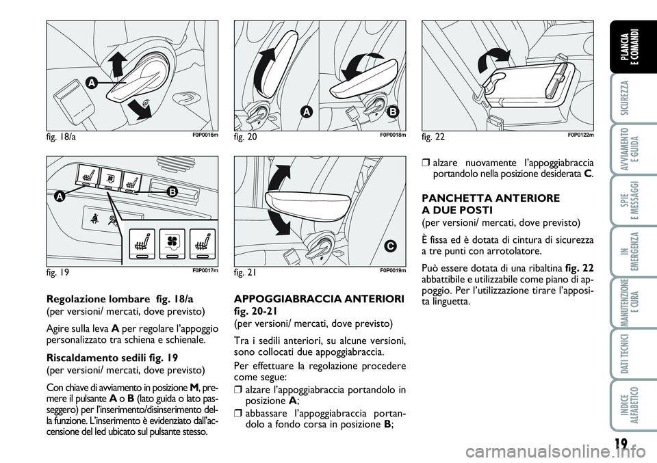 FIAT SCUDO 2012  Libretto Uso Manutenzione (in Italian) 19
SICUREZZA
AVVIAMENTO 
E GUIDA
SPIE
E MESSAGGI
IN
EMERGENZA
MANUTENZIONE
E CURA
DATI TECNICI
INDICE
ALFABETICO
PLANCIA
E COMANDI
fig. 18/aF0P0016m
fig. 19
AB
F0P0017m
fig. 20F0P0018m
fig. 21F0P0019m