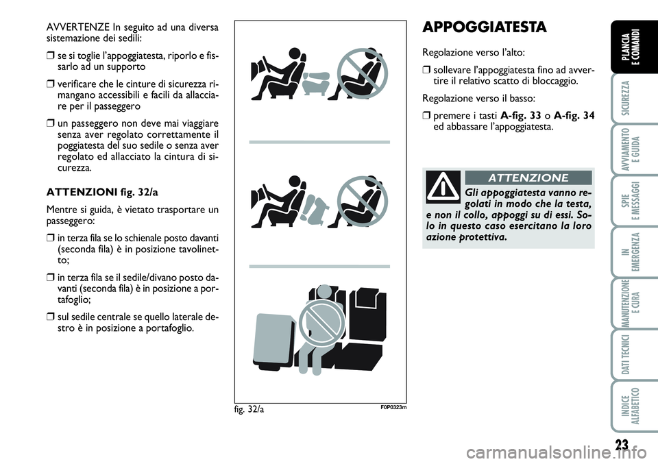 FIAT SCUDO 2012 Libretto Uso Manutenzione (in Italian) 23
SICUREZZA
AVVIAMENTO
E GUIDA
SPIE
E MESSAGGI
IN
EMERGENZA
MANUTENZIONE
E CURA
DATI TECNICI
INDICE
ALFABETICO
PLANCIA
E COMANDI
APPOGGIATESTA
Regolazione verso l’alto:
❒sollevare l’appoggiate FIAT SCUDO 2012 Libretto Uso Manutenzione (in Italian) 23
SICUREZZA
AVVIAMENTO
E GUIDA
SPIE
E MESSAGGI
IN
EMERGENZA
MANUTENZIONE
E CURA
DATI TECNICI
INDICE
ALFABETICO
PLANCIA
E COMANDI
APPOGGIATESTA
Regolazione verso l’alto:
❒sollevare l’appoggiate