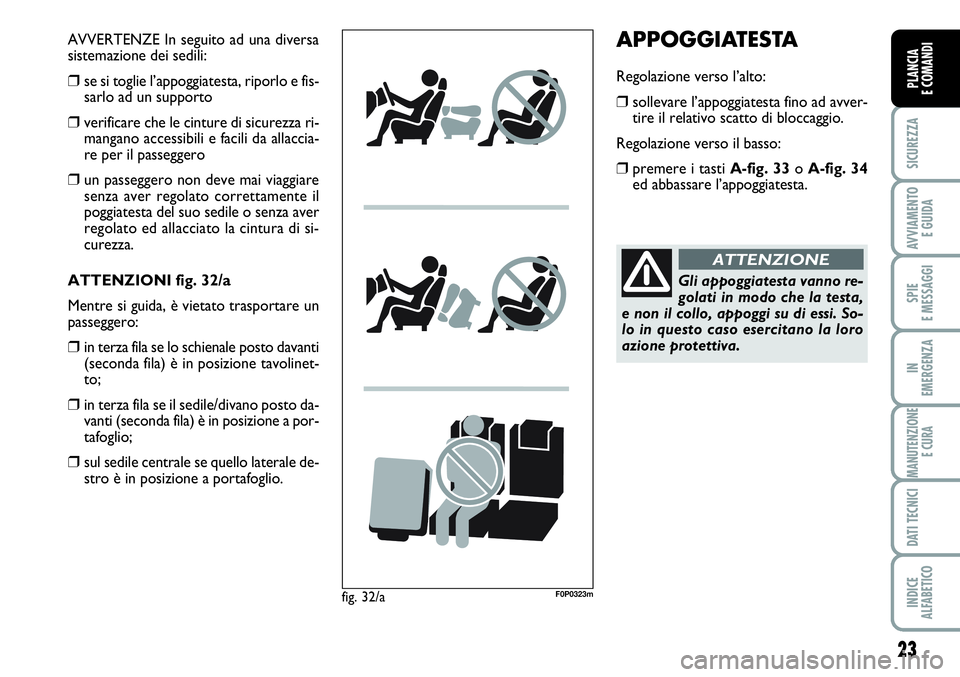 FIAT SCUDO 2012  Libretto Uso Manutenzione (in Italian) 23
SICUREZZA
AVVIAMENTO 
E GUIDA
SPIE
E MESSAGGI
IN
EMERGENZA
MANUTENZIONE
E CURA
DATI TECNICI
INDICE
ALFABETICO
PLANCIA
E COMANDI
APPOGGIATESTA
Regolazione verso l’alto:
❒sollevare l’appoggiate