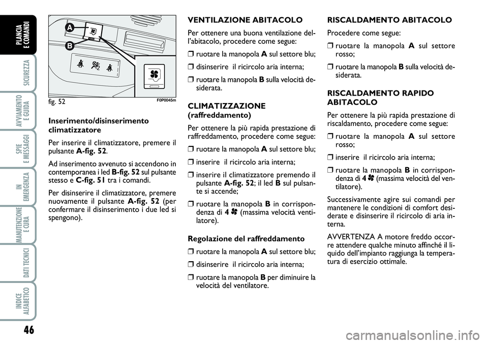 FIAT SCUDO 2012  Libretto Uso Manutenzione (in Italian) 46
SICUREZZA
AVVIAMENTO 
E GUIDA
SPIE
E MESSAGGI
IN
EMERGENZA
MANUTENZIONE
E CURA 
DATI TECNICI
INDICE
ALFABETICO
PLANCIA
E COMANDI
RISCALDAMENTO ABITACOLO
Procedere come segue:
❒ruotare la manopola