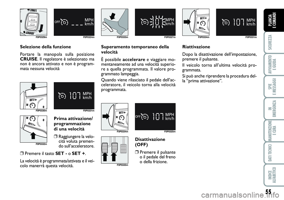 FIAT SCUDO 2012 Libretto Uso Manutenzione (in Italian) 55
SICUREZZA
AVVIAMENTO
E GUIDA
SPIE
E MESSAGGI
IN
EMERGENZA
MANUTENZIONE
E CURA
DATI TECNICI
INDICE
ALFABETICO
PLANCIA
E COMANDI
Selezione della funzione
Portare la manopola sulla posizione
CRUISE. FIAT SCUDO 2012 Libretto Uso Manutenzione (in Italian) 55
SICUREZZA
AVVIAMENTO
E GUIDA
SPIE
E MESSAGGI
IN
EMERGENZA
MANUTENZIONE
E CURA
DATI TECNICI
INDICE
ALFABETICO
PLANCIA
E COMANDI
Selezione della funzione
Portare la manopola sulla posizione
CRUISE.