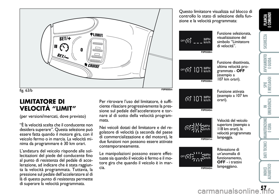 FIAT SCUDO 2012  Libretto Uso Manutenzione (in Italian) 57
SICUREZZA
AVVIAMENTO 
E GUIDA
SPIE
E MESSAGGI
IN
EMERGENZA
MANUTENZIONE
E CURA
DATI TECNICI
INDICE
ALFABETICO
PLANCIA
E COMANDI
fig. 63/bF0P0055m
F0P0338m
F0P0339m
F0P0340m
F0P0341m
F0P0342m
Funzio