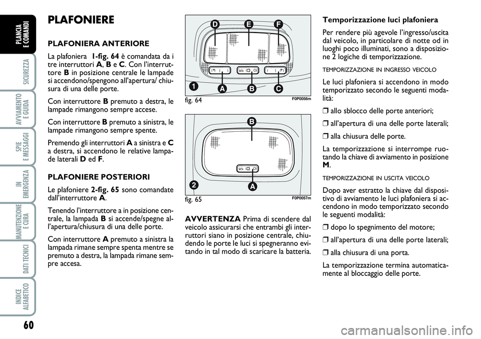 FIAT SCUDO 2012  Libretto Uso Manutenzione (in Italian) 60
SICUREZZA
AVVIAMENTO 
E GUIDA
SPIE
E MESSAGGI
IN
EMERGENZA
MANUTENZIONE
E CURA 
DATI TECNICI
INDICE
ALFABETICO
PLANCIA
E COMANDI
PLAFONIERE
PLAFONIERA ANTERIORE
La plafoniera  1-fig. 64è comandata