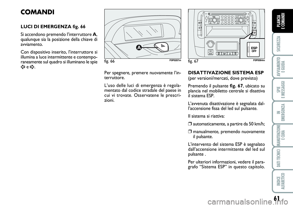 FIAT SCUDO 2012  Libretto Uso Manutenzione (in Italian) 61
SICUREZZA
AVVIAMENTO 
E GUIDA
SPIE
E MESSAGGI
IN
EMERGENZA
MANUTENZIONE
E CURA
DATI TECNICI
INDICE
ALFABETICO
PLANCIA
E COMANDI
fig. 66F0P0287m
COMANDI
LUCI DI EMERGENZA fig. 66
Si accendono premen