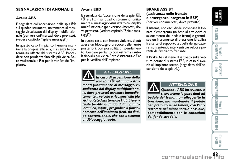 FIAT SCUDO 2012  Libretto Uso Manutenzione (in Italian) 83
SICUREZZA
AVVIAMENTO 
E GUIDA
SPIE
E MESSAGGI
IN EMERGENZA
MANUTENZIONE
E CURA
DATI TECNICI
INDICE
ALFABETICO
PLANCIA
E COMANDI
SEGNALAZIONI DI ANOMALIE
Avaria ABS
È segnalata dall’accensione de