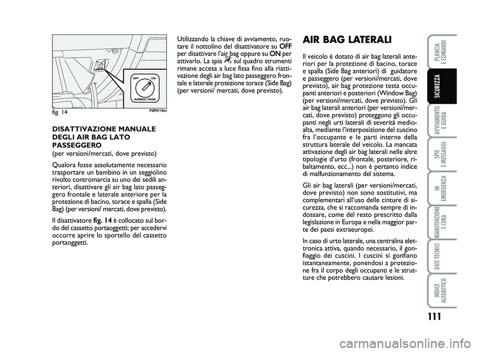 FIAT SCUDO 2013  Libretto Uso Manutenzione (in Italian) 111
AVVIAMENTO 
E GUIDA
SPIE 
E MESSAGGI
IN 
EMERGENZA
MANUTENZIONE
E CURA
DATI TECNICI
INDICE 
ALFABETICO
PLANCIA 
E COMANDI
SICUREZZA
DISATTIVAZIONE MANUALE
DEGLI AIR BAG LATO 
PASSEGGERO
(per versi