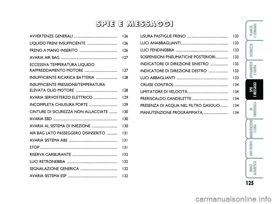 FIAT SCUDO 2013 Libretto Uso Manutenzione (in Italian) 125
IN
EMERGENZA
MANUTENZIONE
E CURA
DATI TECNICI
INDICE ALFABETICO
PLANCIA E COMANDI
SICUREZZA
AVVIAMENTO E GUIDA
SPIE
E MESSAGGI
AVVERTENZE GENERALI ......................................... FIAT SCUDO 2013 Libretto Uso Manutenzione (in Italian) 125
IN
EMERGENZA
MANUTENZIONE
E CURA
DATI TECNICI
INDICE ALFABETICO
PLANCIA E COMANDI
SICUREZZA
AVVIAMENTO E GUIDA
SPIE
E MESSAGGI
AVVERTENZE GENERALI .........................................