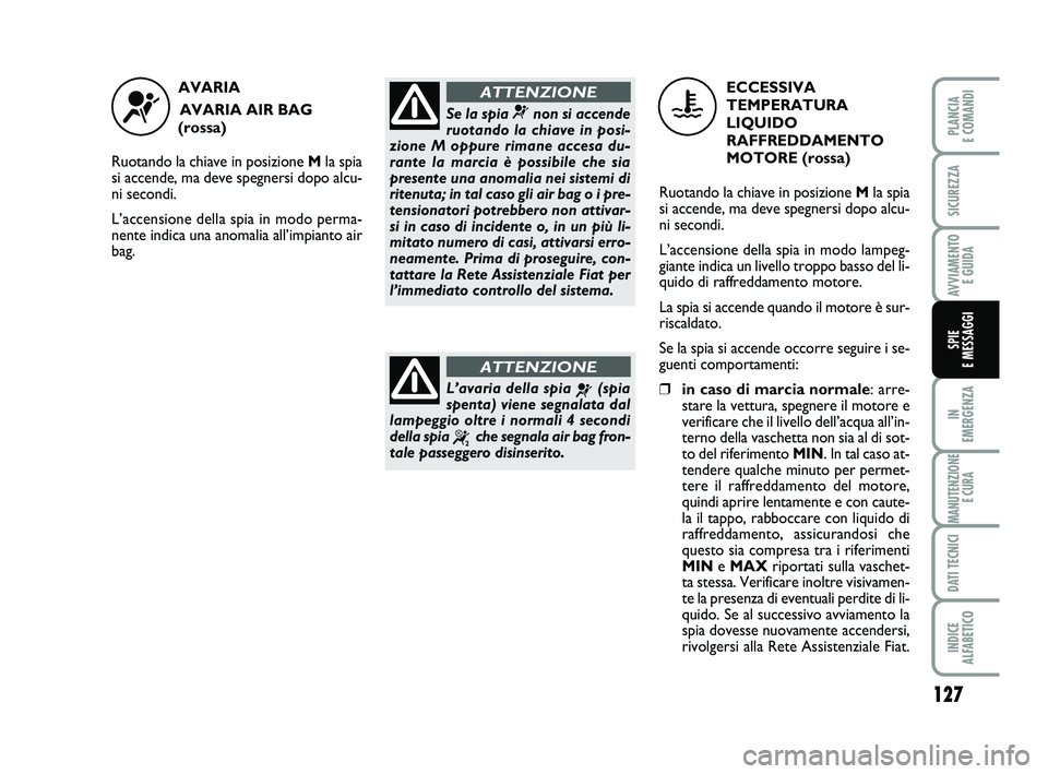 FIAT SCUDO 2013 Libretto Uso Manutenzione (in Italian) 127
IN
EMERGENZA
MANUTENZIONE
E CURA
DATI TECNICI
INDICE
ALFABETICO
PLANCIA
E COMANDI
SICUREZZA
AVVIAMENTO
E GUIDA
SPIE
E MESSAGGI
AVARIA
AVARIA AIR BAG
(rossa)
Ruotando la chiave in posizione FIAT SCUDO 2013 Libretto Uso Manutenzione (in Italian) 127
IN
EMERGENZA
MANUTENZIONE
E CURA
DATI TECNICI
INDICE
ALFABETICO
PLANCIA
E COMANDI
SICUREZZA
AVVIAMENTO
E GUIDA
SPIE
E MESSAGGI
AVARIA
AVARIA AIR BAG
(rossa)
Ruotando la chiave in posizione
