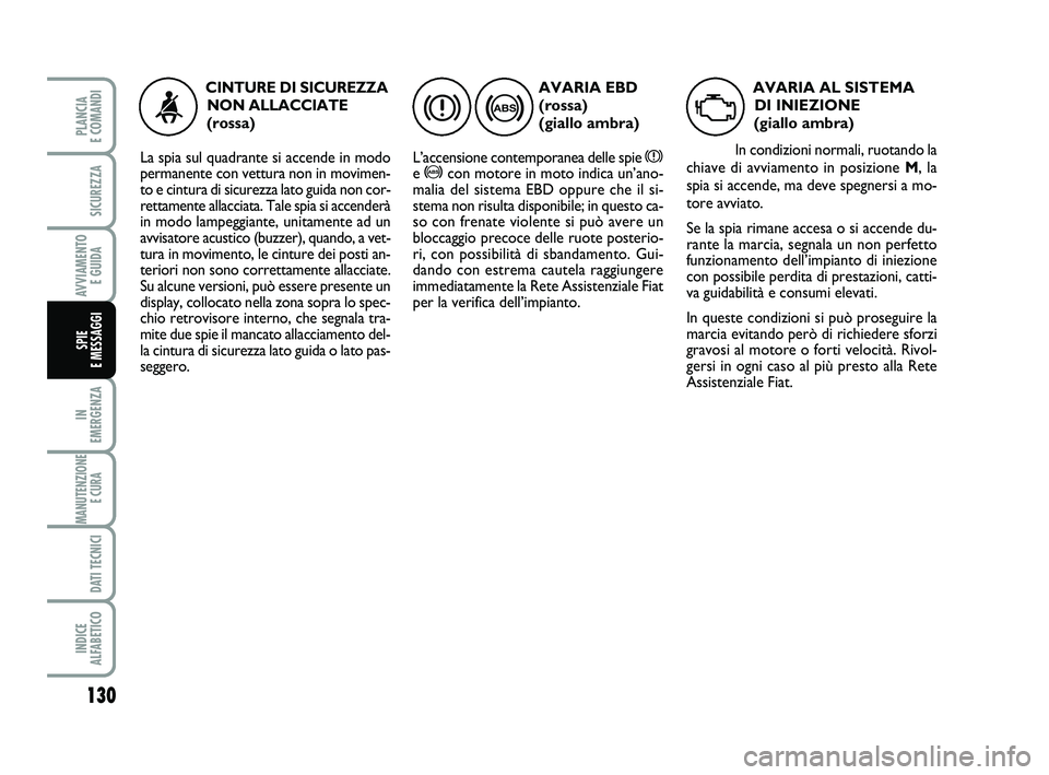 FIAT SCUDO 2013 Libretto Uso Manutenzione (in Italian) 130
IN
EMERGENZA
MANUTENZIONE
E CURA
DATI TECNICI
INDICE
ALFABETICO
PLANCIA
E COMANDI
SICUREZZA
AVVIAMENTO
E GUIDA
SPIE
E MESSAGGI
AVARIA EBD
(rossa)
(giallo ambra)
L’accensione contemporanea FIAT SCUDO 2013 Libretto Uso Manutenzione (in Italian) 130
IN
EMERGENZA
MANUTENZIONE
E CURA
DATI TECNICI
INDICE
ALFABETICO
PLANCIA
E COMANDI
SICUREZZA
AVVIAMENTO
E GUIDA
SPIE
E MESSAGGI
AVARIA EBD
(rossa)
(giallo ambra)
L’accensione contemporanea