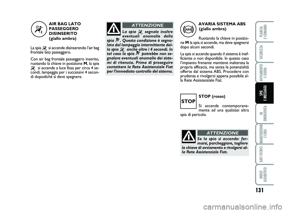 FIAT SCUDO 2013 Libretto Uso Manutenzione (in Italian) STOP (rosso)
Si accende contemporane-
mente ad una qualsiasi altra
spia di pericolo.
131
IN
EMERGENZA
MANUTENZIONE
E CURA
DATI TECNICI
INDICE
ALFABETICO
PLANCIA
E COMANDI
SICUREZZA
AVVIAMENTO
E GU FIAT SCUDO 2013 Libretto Uso Manutenzione (in Italian) STOP (rosso)
Si accende contemporane-
mente ad una qualsiasi altra
spia di pericolo.
131
IN
EMERGENZA
MANUTENZIONE
E CURA
DATI TECNICI
INDICE
ALFABETICO
PLANCIA
E COMANDI
SICUREZZA
AVVIAMENTO
E GU