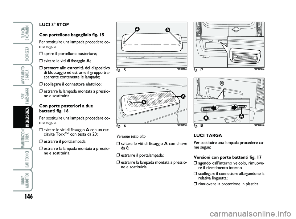 FIAT SCUDO 2013  Libretto Uso Manutenzione (in Italian) 146
SPIE 
E MESSAGGI
MANUTENZIONE
E CURA 
DATI TECNICI
INDICE 
ALFABETICO
PLANCIA 
E COMANDI
SICUREZZA
AVVIAMENTO 
E GUIDA
IN EMERGENZA
Versione tetto alto
❒svitare le viti di fissaggio Acon chiave

